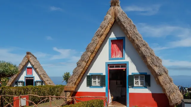 Traditional thatched triangular A-frame houses in Santana on Madeira's east side